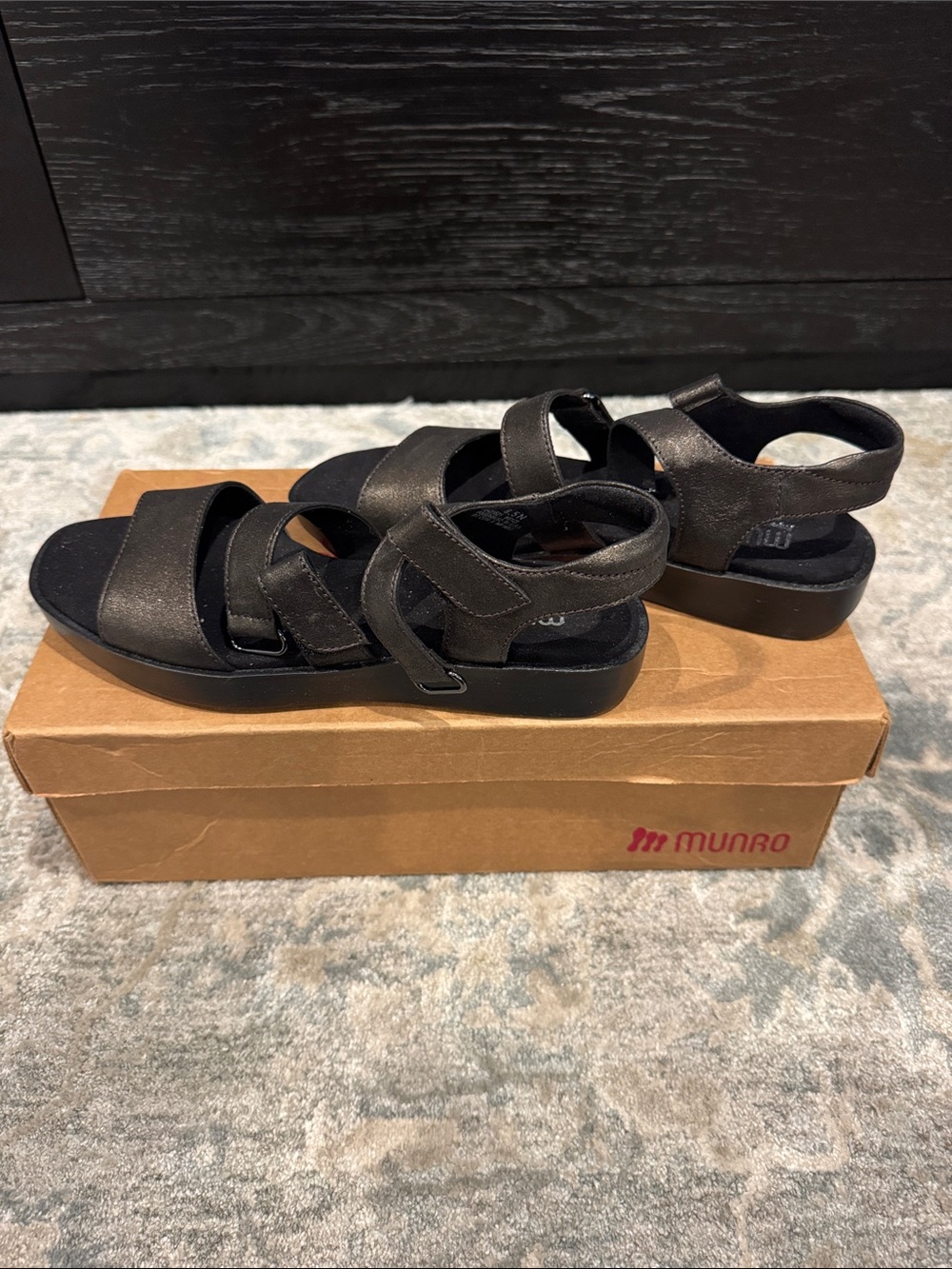 Munro Metallic Black Velcro Strap Sandals